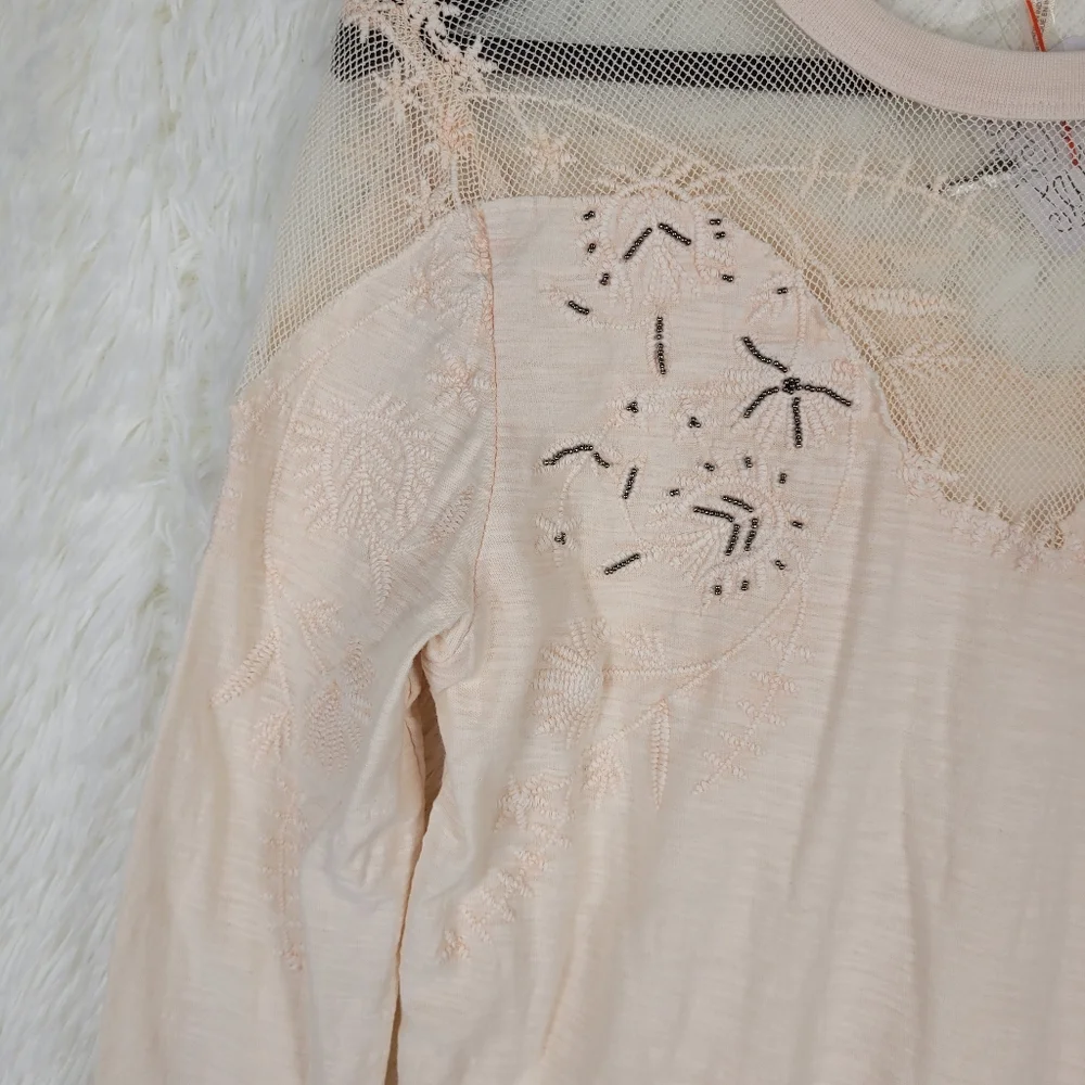 NWT‎ Free People Sz S Pink Embellished Mischa Lace Mesh Top Coquette Beaded